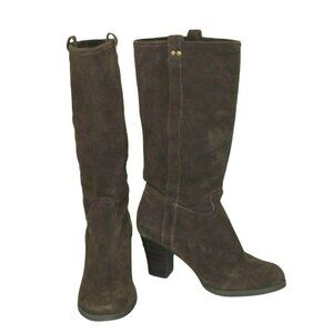 Boots Brown Suede Leather Block Heels Pull On Womens 9 Calf Height Western Almon